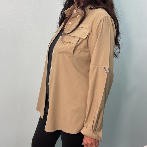 Neutral Long Button down Shirt Size Small Army Cargo Pockets Button Up Travel S - Picture 4 of 9